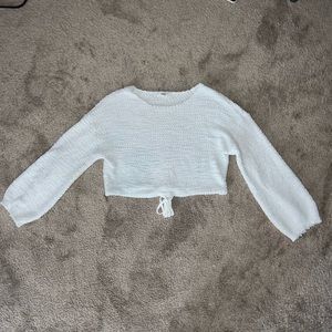 Hashttag White Knit Cropped Sweater with Tied Bottom